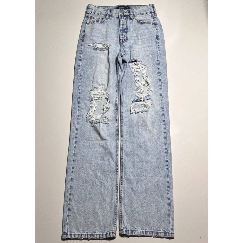 Aeropostale 90s Baggy Jeans Womens 00 Regular Light Wash Distressed Ripped Y2K